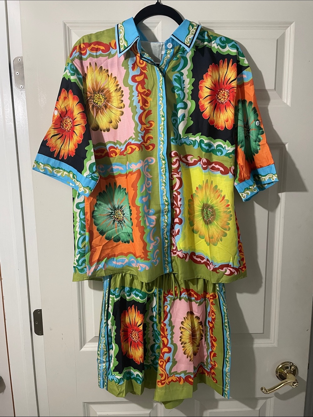 Floral Patchwork Button-Up Top and Shorts Set - Multicolor